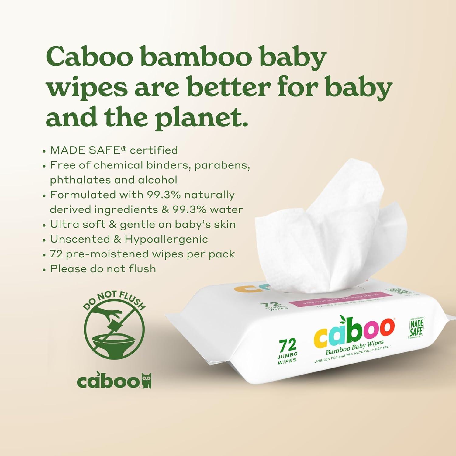 image:imageCaboo Baby Wipes Made with Bamboo Viscose Certified Made Safe Ingredients Unscented Baby Wipes Good for Sensitive Skin 72 Wipes Per Travel Pack Total of 216 Wet WipesUnscented