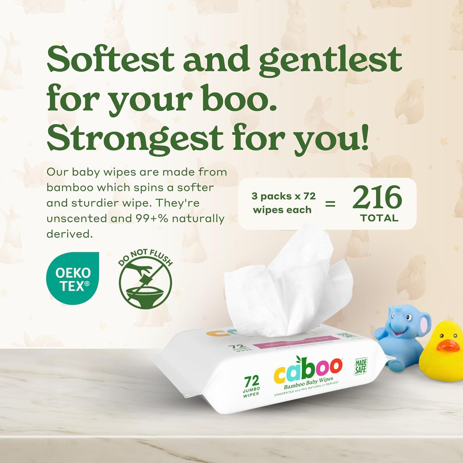 image:imageCaboo Baby Wipes Made with Bamboo Viscose Certified Made Safe Ingredients Unscented Baby Wipes Good for Sensitive Skin 72 Wipes Per Travel Pack Total of 216 Wet WipesUnscented