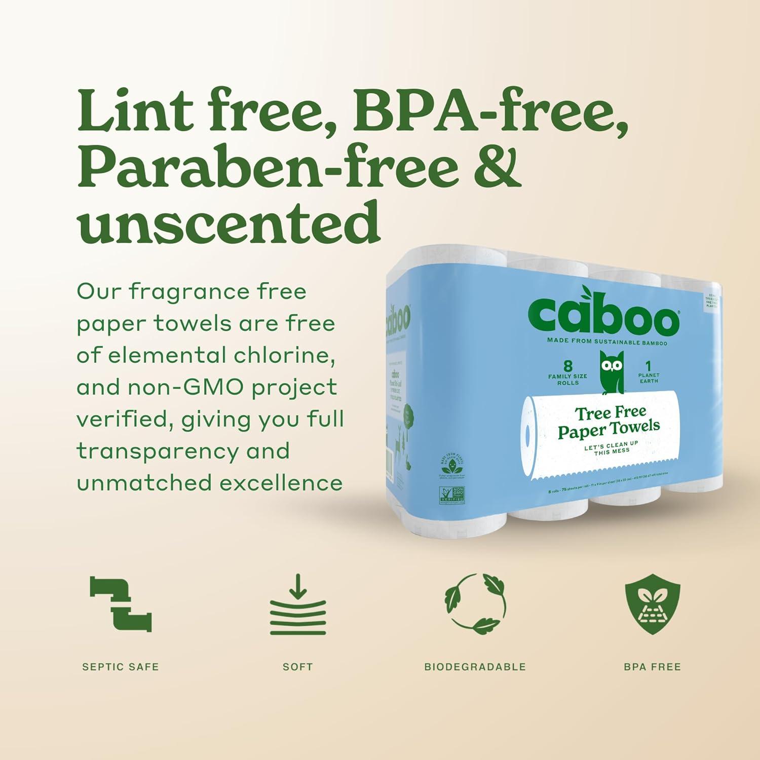image:imageCaboo Tree Free Paper Towels 8 Rolls Earth Friendly Sustainable Kitchen Paper Towels with Strong 2 PlyWhite
