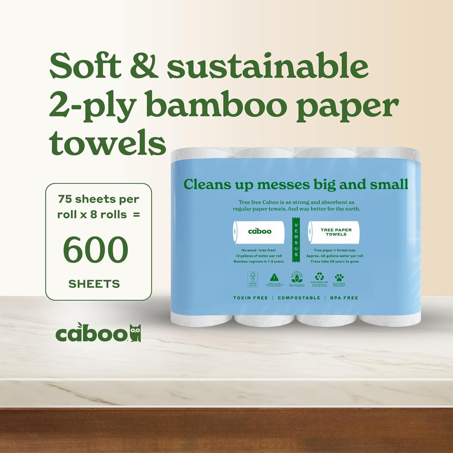 image:imageCaboo Tree Free Paper Towels 8 Rolls Earth Friendly Sustainable Kitchen Paper Towels with Strong 2 PlyWhite