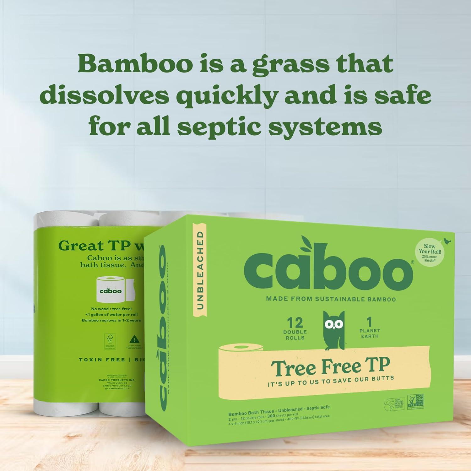 image:imageCaboo Tree Free Unbleached Toilet Paper Plastic Free Packaging Septic Safe Eco Friendly Chemical Free Non Toxic 2 Ply Toilet Tissue Pack of 12 Double Rolls 300 Sheets Per Roll