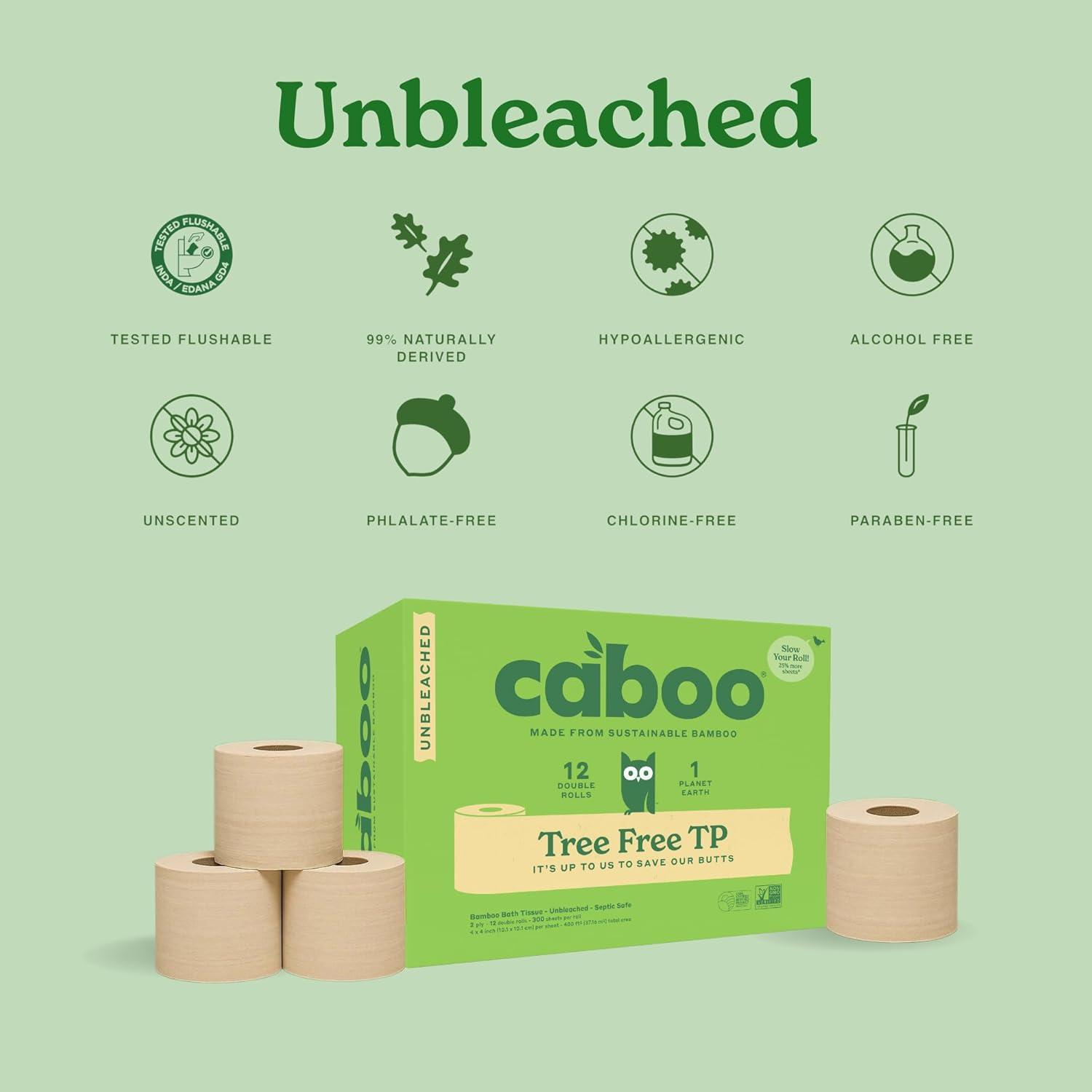 image:imageCaboo Tree Free Unbleached Toilet Paper Plastic Free Packaging Septic Safe Eco Friendly Chemical Free Non Toxic 2 Ply Toilet Tissue Pack of 12 Double Rolls 300 Sheets Per Roll