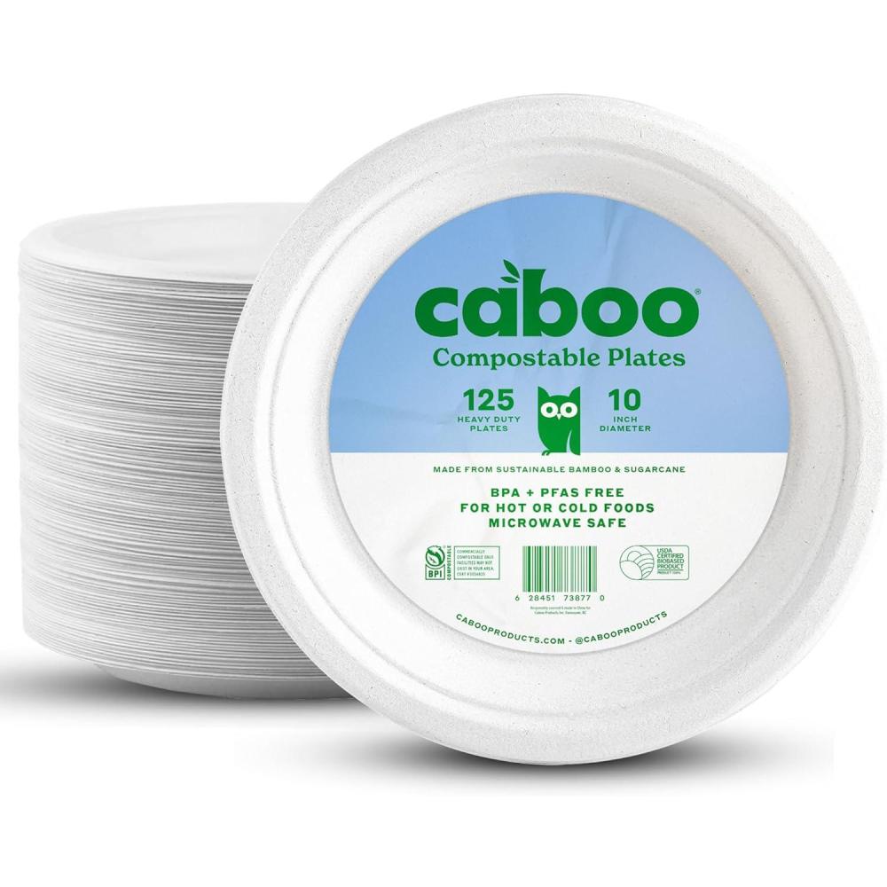 image:imageCaboo Disposable Bamboo Paper Plates 125 Pack of 10 Inch Sturdy Biodegradable Plates Compostable Plate Microwave Safe Party Plate Eco Friendly Alternative to Plastic
