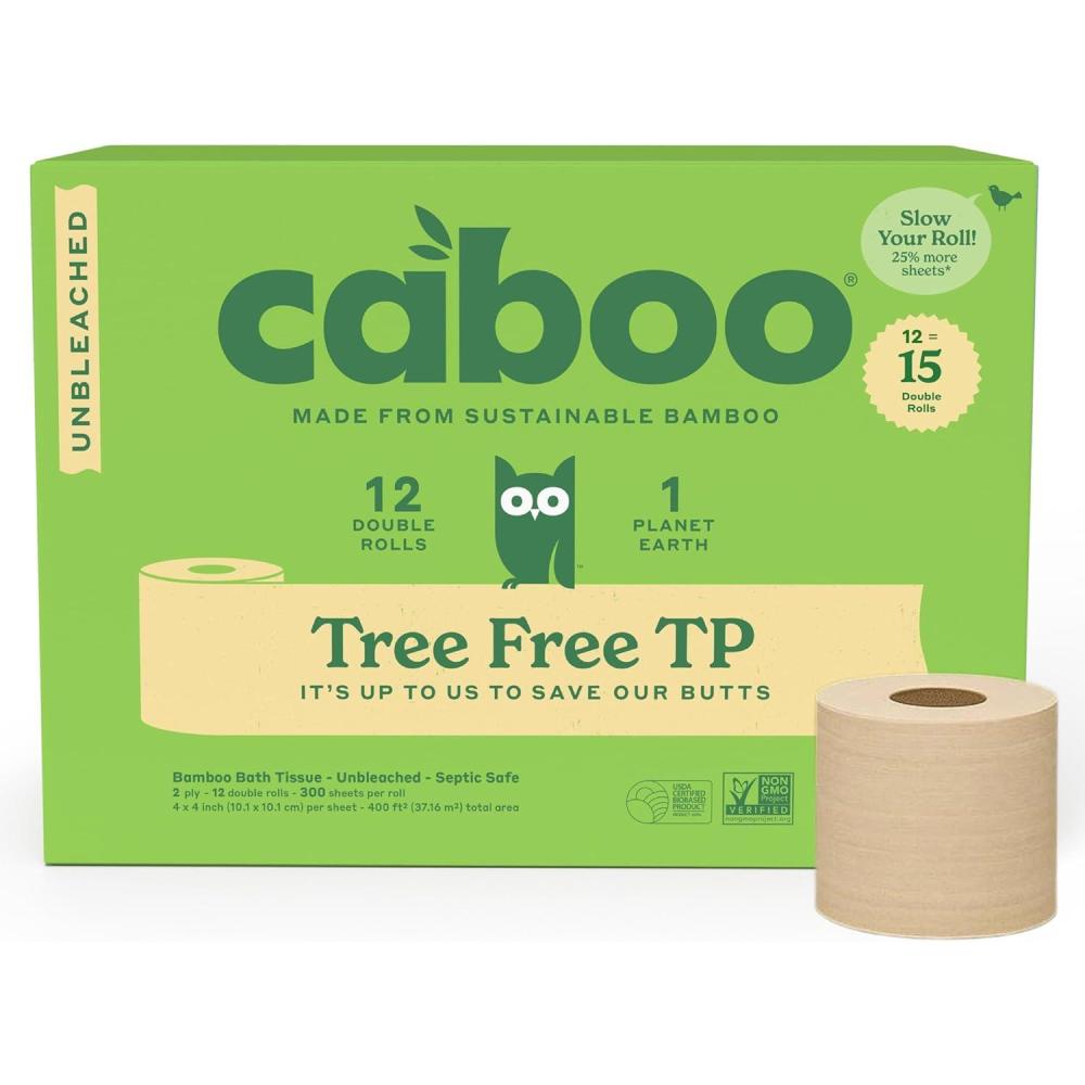 image:imageCaboo Tree Free Unbleached Toilet Paper  Plastic Free Packaging Septic Safe Eco Friendly Chemical Free Non Toxic  2 Ply Toilet Tissue Pack of 12 Double Rolls 300 Sheets Per Roll