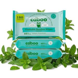 Caboo Tree Free Flushable Wipes, Certified Flushable, Septic Safe, Biodegradable, Chemical Free, Unscented Wipes for Adults made with Renewable Bamboo Based Viscose (Pack of 3, Total of 180)(Mint)