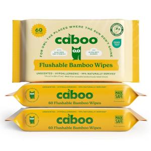 Caboo Tree Free Flushable Wipes, Certified Flushable, Septic Safe, Biodegradable, Chemical Free, Unscented Wipes for Adults made with Renewable Bamboo Based Viscose (Pack of 3, Total of 180)(Unscented)