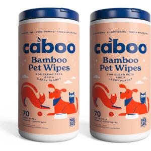 Caboo Tree Free Pet Wipes for Dogs & Cats, Natural, Deodorizing, Hypoallergenic Cleaning Wipes for Eyes, Ears, Paws, & Face (Unscented, 2 Canisters, Total of 140 Jumbo Wipe)