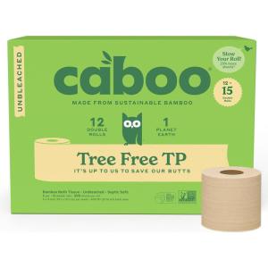 Caboo Tree Free Unbleached Toilet Paper | Plastic Free Packaging, Septic Safe, Eco Friendly, Chemical Free, Non Toxic | 2 Ply Toilet Tissue, Pack of 12 Double Rolls, 300 Sheets Per Roll